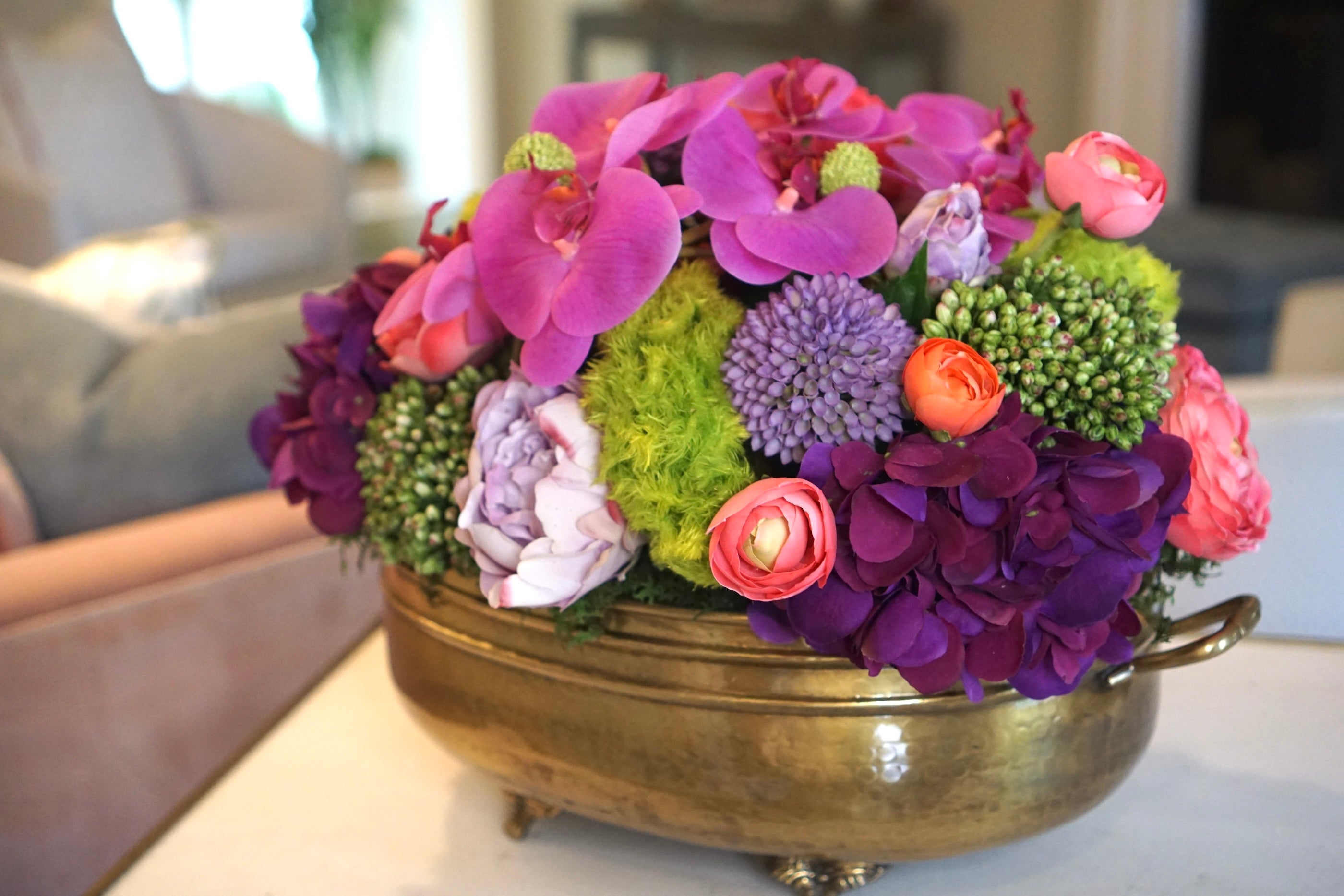 Colorful Artificial Floral Arrangement in a Gold Vase with lots of beautiful texture and style