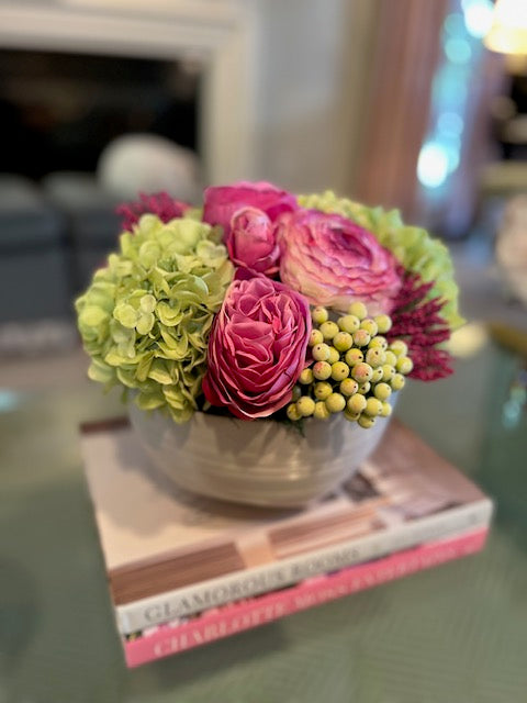 Green Hydrangea and Fuchsia Florals in Taliah bowl
