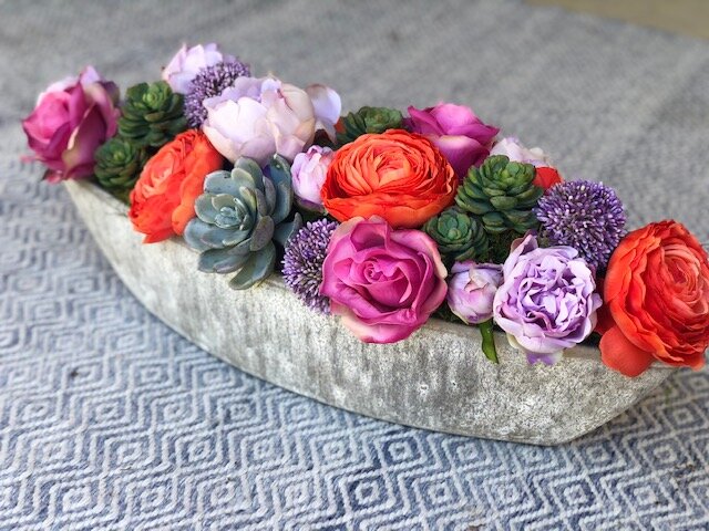 Lakewood Succulent Orange, Pink, and Lavender Artificial Real Touch Blossoms in a Beautiful Grey Planter