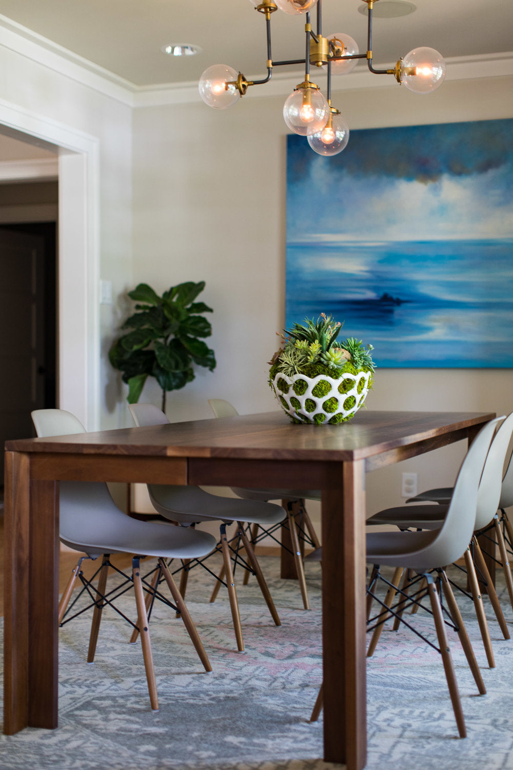 Funky & Modern Artificial Succulent Design in a Modern Mossy Vase in a Contemporary Dining Room