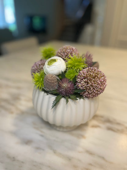 Lavender and Green Alliums in ruffle planter