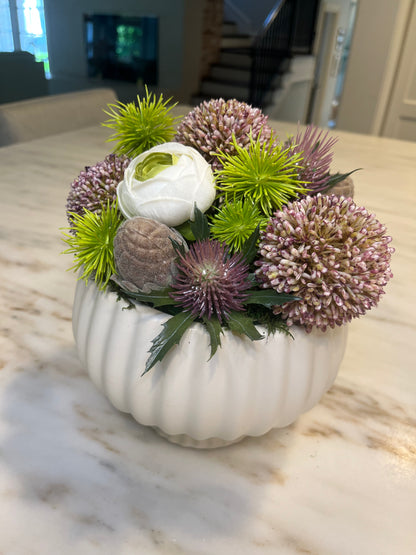 Lavender and Green Alliums in ruffle planter
