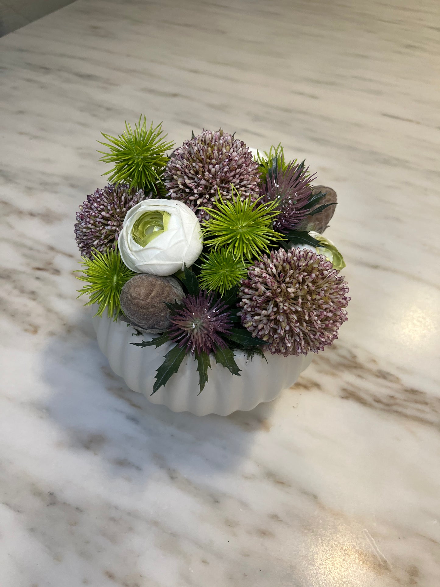 Lavender and Green Alliums in ruffle planter